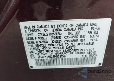 2008 Honda Ridgeline Rtl z USA, uszkodzony, nr VIN 2HJYK16528H532150